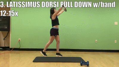 woman demonstrating latissimus dorsi pull down with band