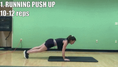 woman demonstrating running push up for 10-12 reps