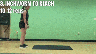 woman demonstrating inchworm to reach for 10-12 reps