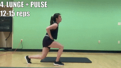 woman demonstrating lunge + pulse for 12-15 reps