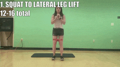 woman demonstrating squat to lateral leg lift for 12-16 reps