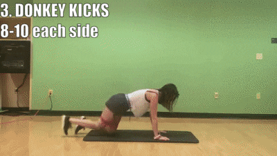 woman demonstrating donkey kicks for 8-10 reps on each side