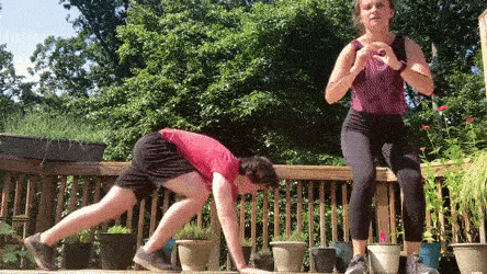 female and male demonstrating burpees and squat jumps modification