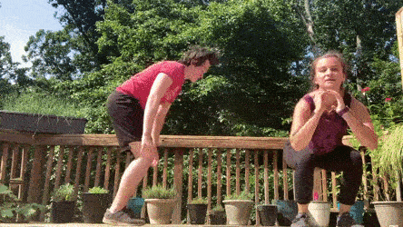 female and male demonstrating burpees and squat jumps